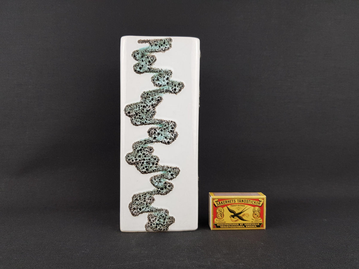 Vintage FOHR KERAMIK White Rectangular Vase With Green Zig-Zag Fat Lava Decor 341 West German Pottery 1958