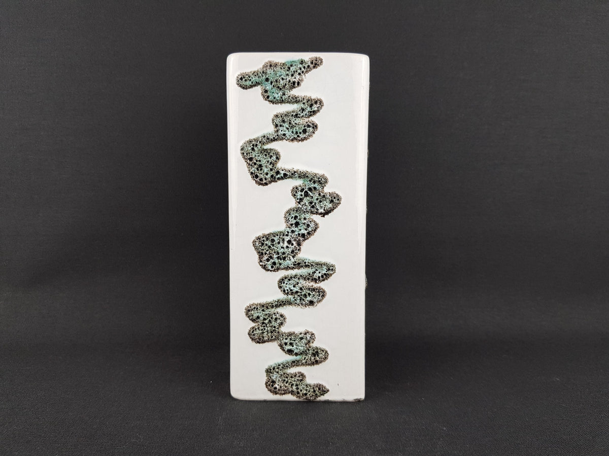 Vintage FOHR KERAMIK White Rectangular Vase With Green Zig-Zag Fat Lava Decor 341 West German Pottery 1958