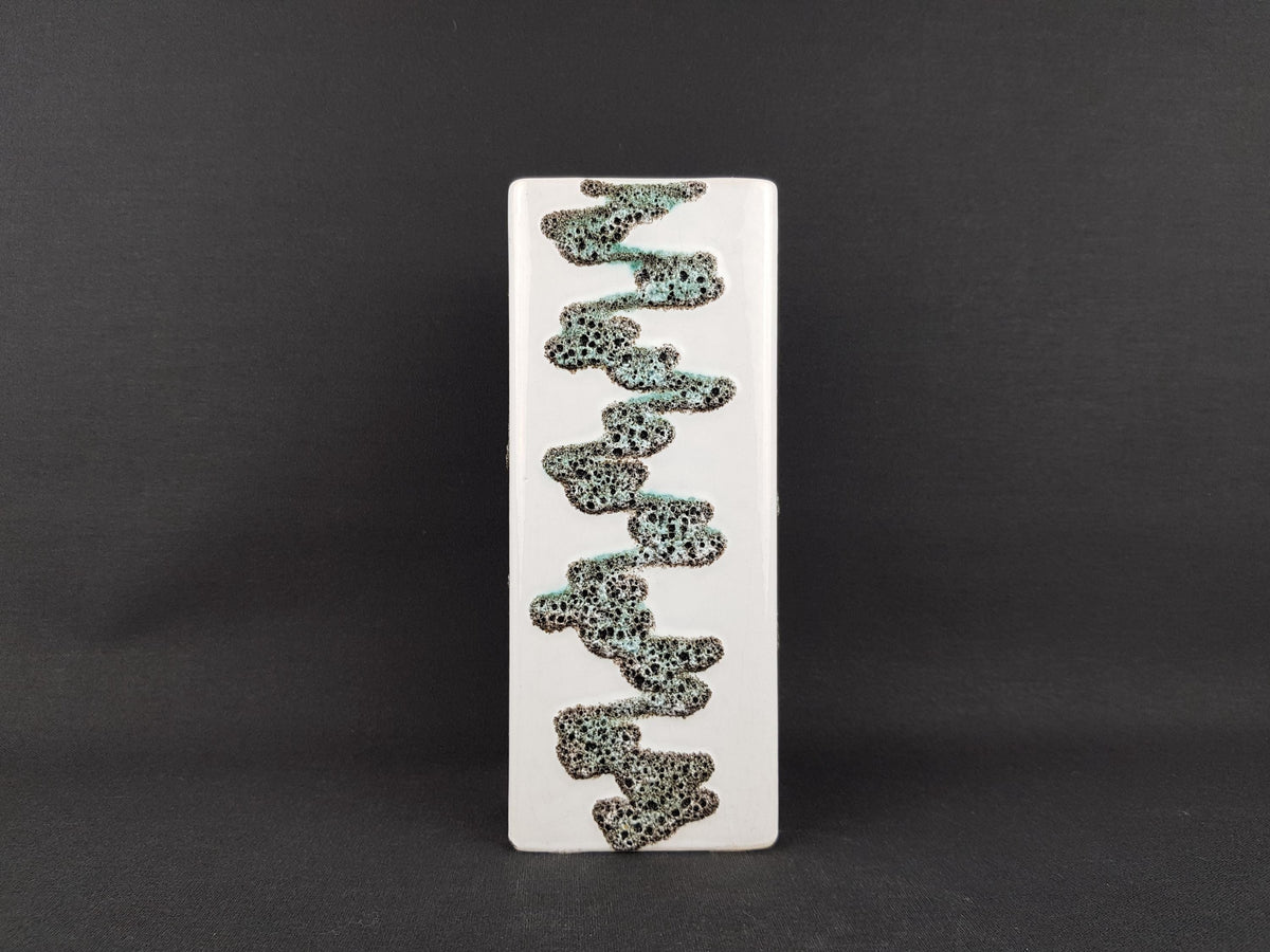 Vintage FOHR KERAMIK White Rectangular Vase With Green Zig-Zag Fat Lava Decor 341 West German Pottery 1958