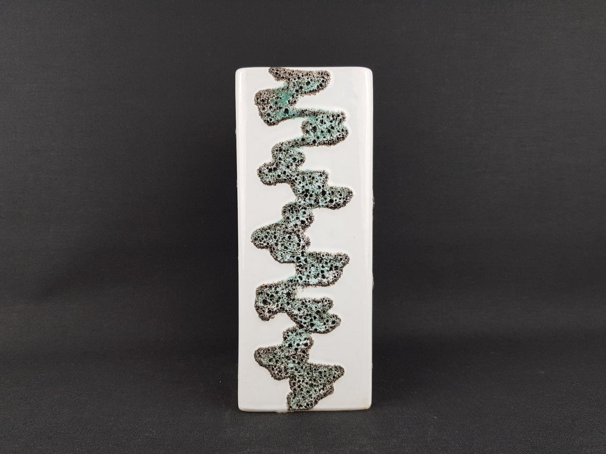 Vintage FOHR KERAMIK White Rectangular Vase With Green Zig-Zag Fat Lava Decor 341 West German Pottery 1958