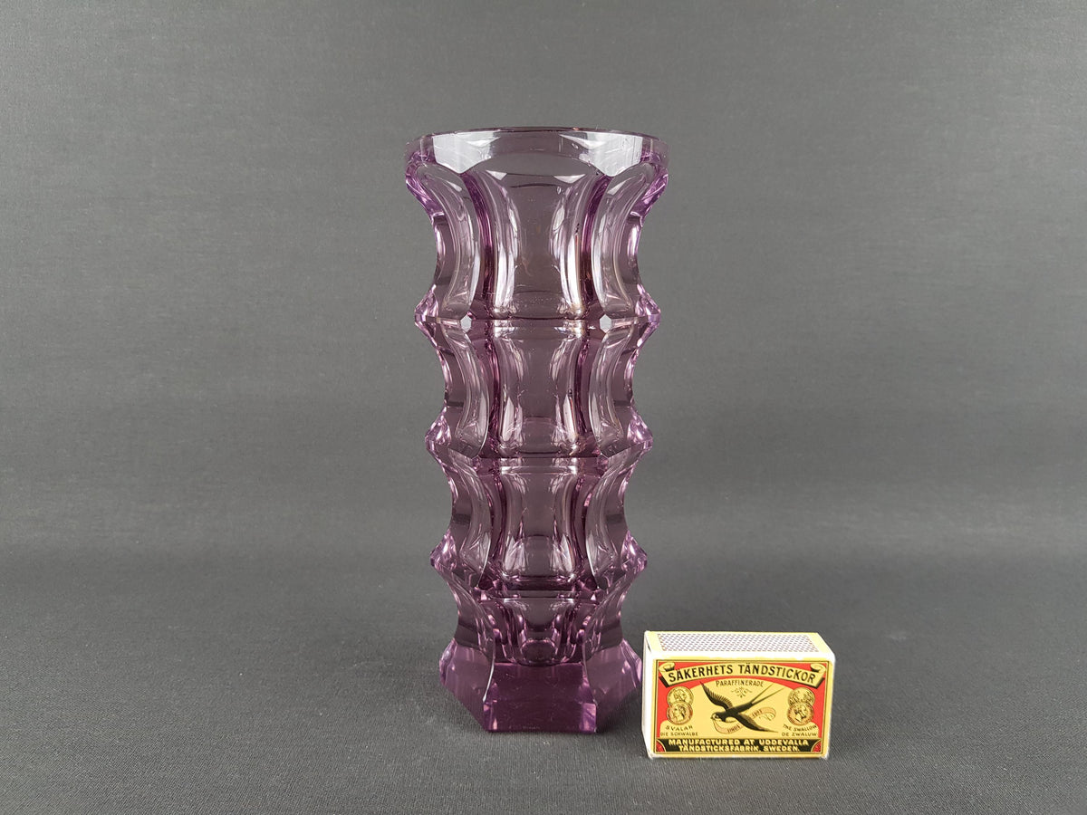 Vintage ROSICE Sklo Union Amethyst Purple Pressed Glass Vase Czechoslovakia 1960s 1970s Mid Century Modern