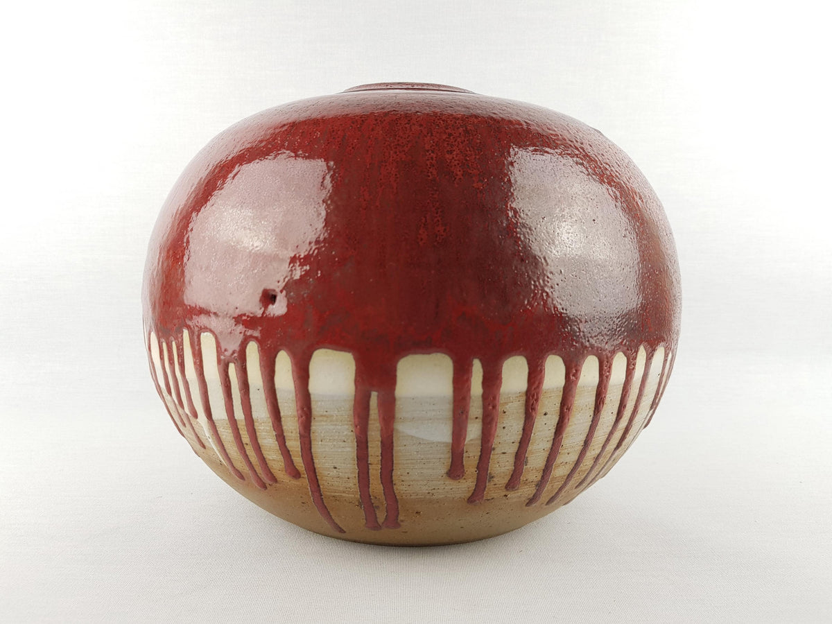 Vintage Beige Ceramic Vase With Glossy Red Drip Glaze Staudio Art Pottery Germany Denmark