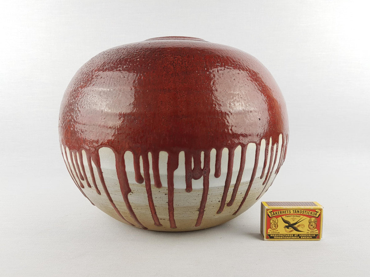 Vintage Beige Ceramic Vase With Glossy Red Drip Glaze Staudio Art Pottery Germany Denmark