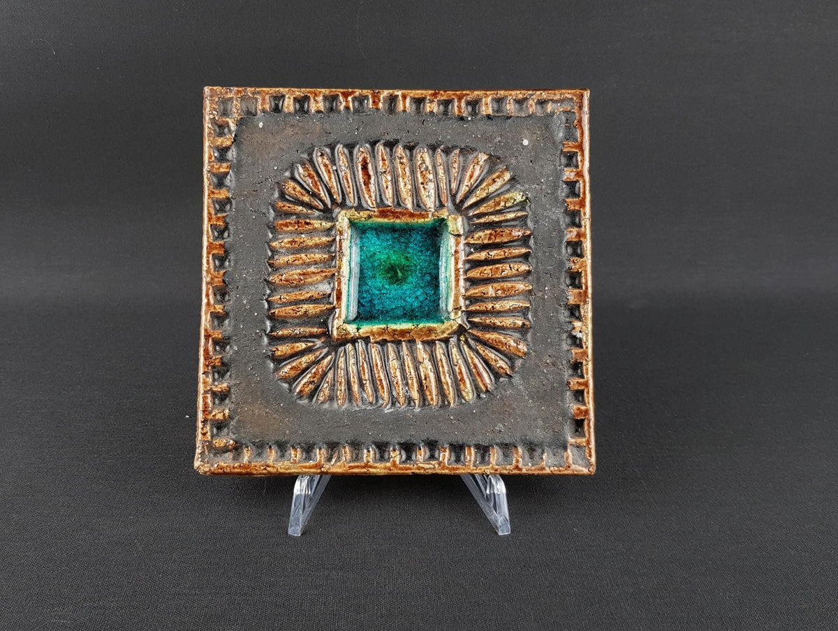 Vintage SECLA Portugal Ceramic Wall Tile – Mid Century Modern Brutalist Sunburst Relief – Turquoise Glaze Art Tile, c. 1970s