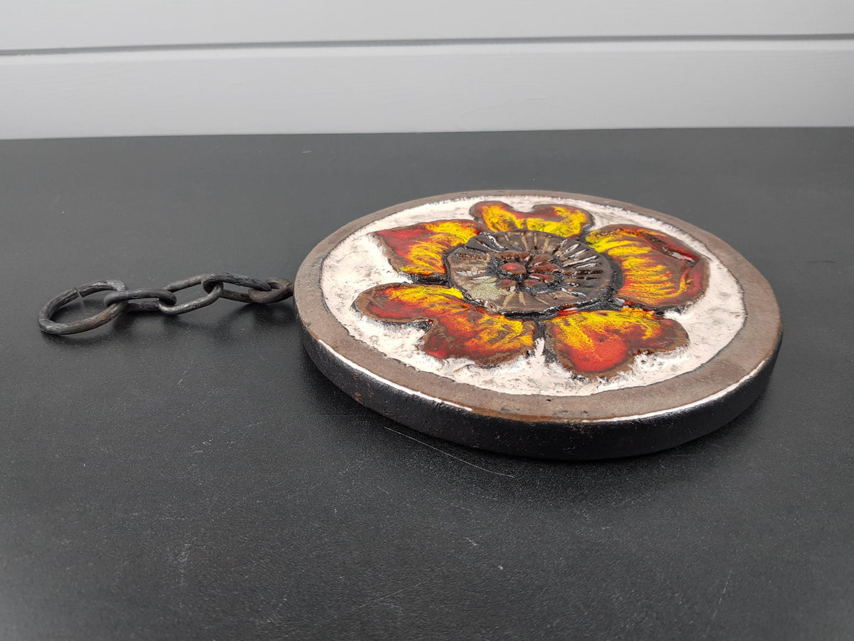 Vintage RUSCHA KERAMIK Flower Wall Plaque with Chain Wall Hanging West Germany 1970s