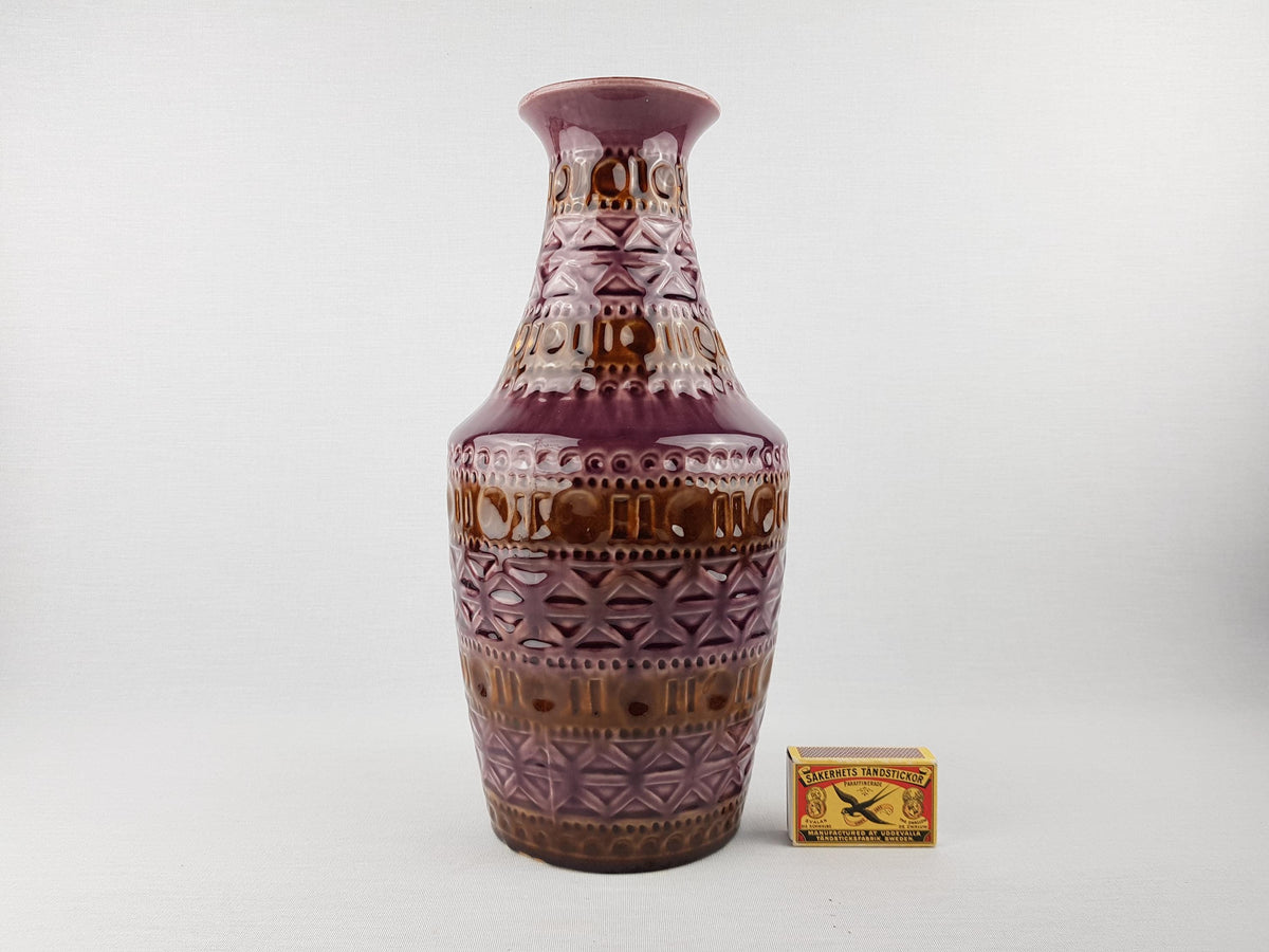 Vintage BAY KERAMIK Purple Vase with Brown accents 606-30 West German Pottery 1960s