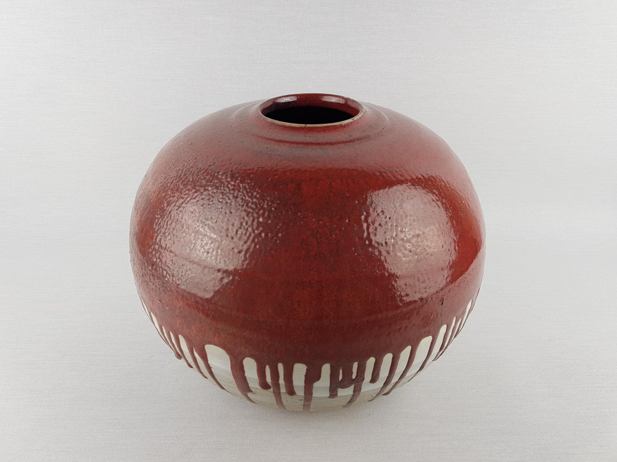 Vintage Beige Ceramic Vase With Glossy Red Drip Glaze Staudio Art Pottery Germany Denmark