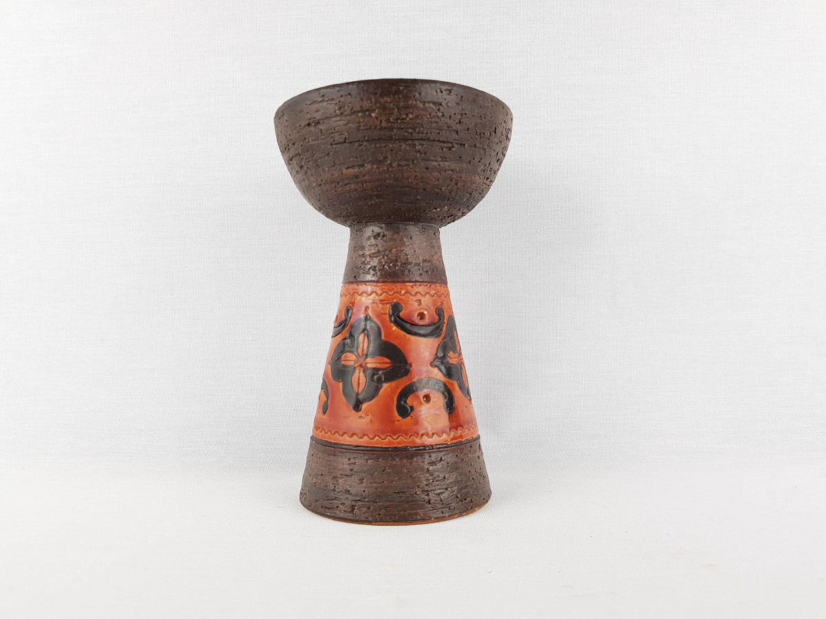 Vintage BITOSSI Dark Brown Candleholder with incised pattern Italian Pottery 1960s