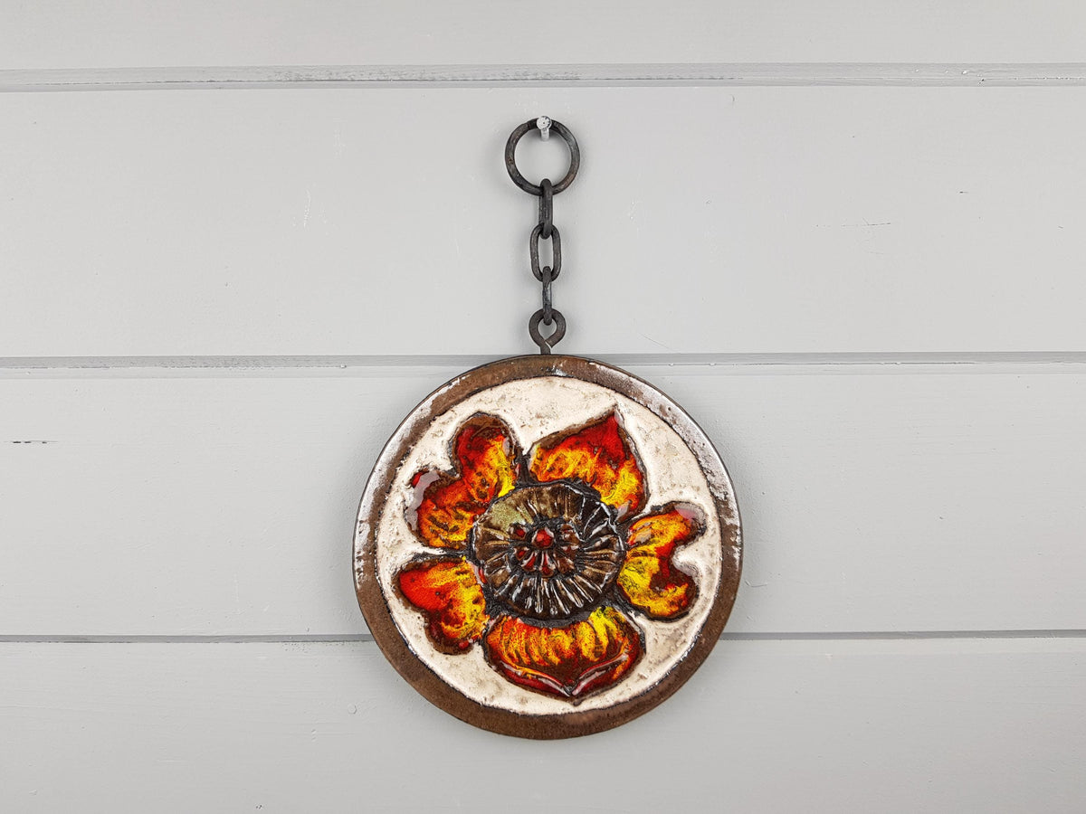 Vintage RUSCHA KERAMIK Flower Wall Plaque with Chain Wall Hanging West Germany 1970s