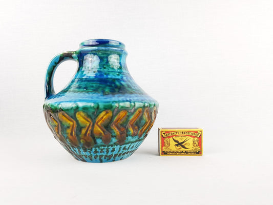Vintage CARSTENS TÖNNIESHOF KERAMIK Blue and Yellow Vase Reliefserie Keltoi 42-15 West German Pottery 1968s
