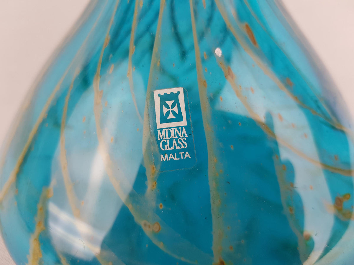 Vintage MDINA Blue Glass Karaf With Yellow Stripes Decor from Malta 1970s