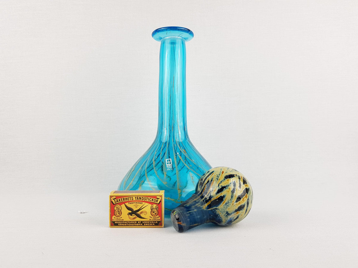 Vintage MDINA Blue Glass Karaf With Yellow Stripes Decor from Malta 1970s