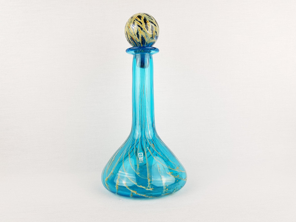 Vintage MDINA Blue Glass Karaf With Yellow Stripes Decor from Malta 1970s