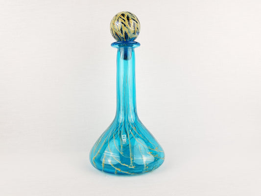 Vintage MDINA Blue Glass Karaf With Yellow Stripes Decor from Malta 1970s