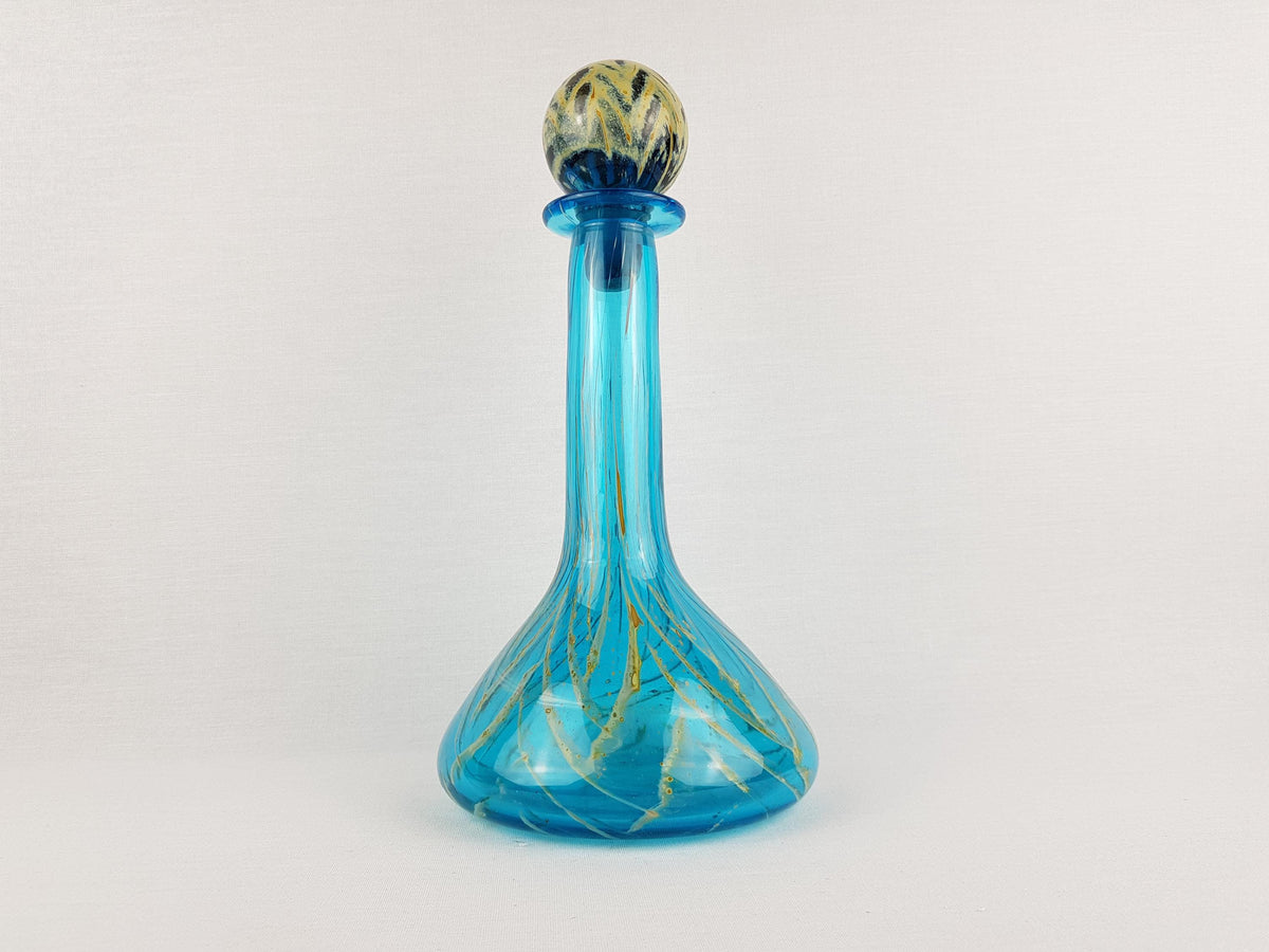 Vintage MDINA Blue Glass Karaf With Yellow Stripes Decor from Malta 1970s
