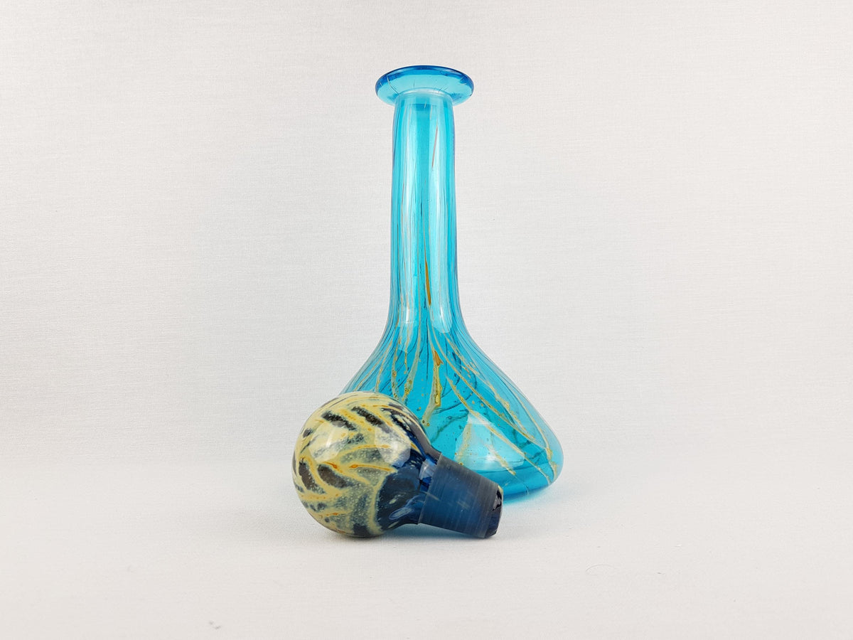 Vintage MDINA Blue Glass Karaf With Yellow Stripes Decor from Malta 1970s