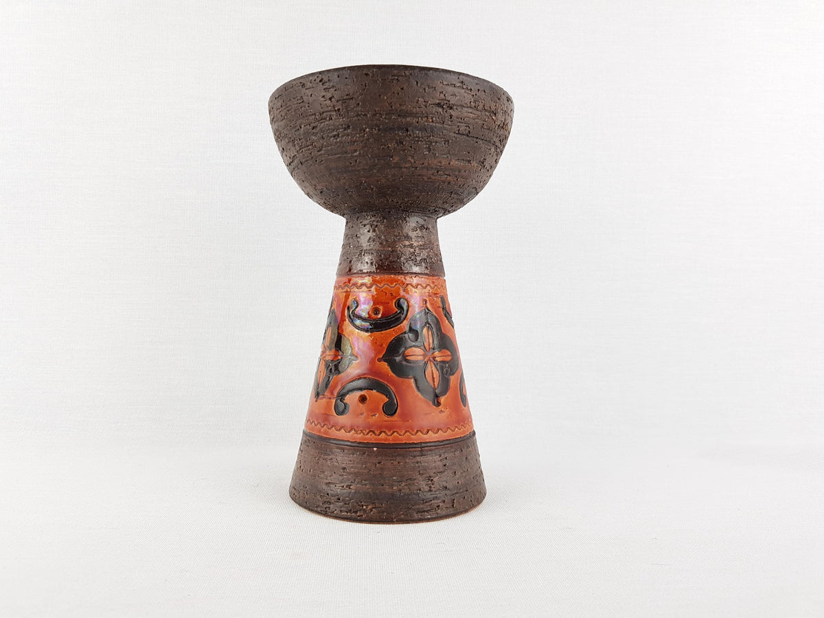Vintage BITOSSI Dark Brown Candleholder with incised pattern Italian Pottery 1960s