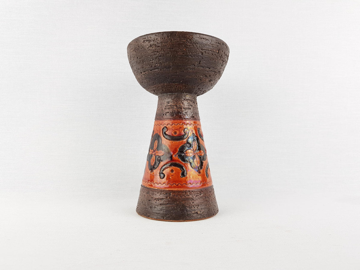 Vintage BITOSSI Dark Brown Candleholder with incised pattern Italian Pottery 1960s