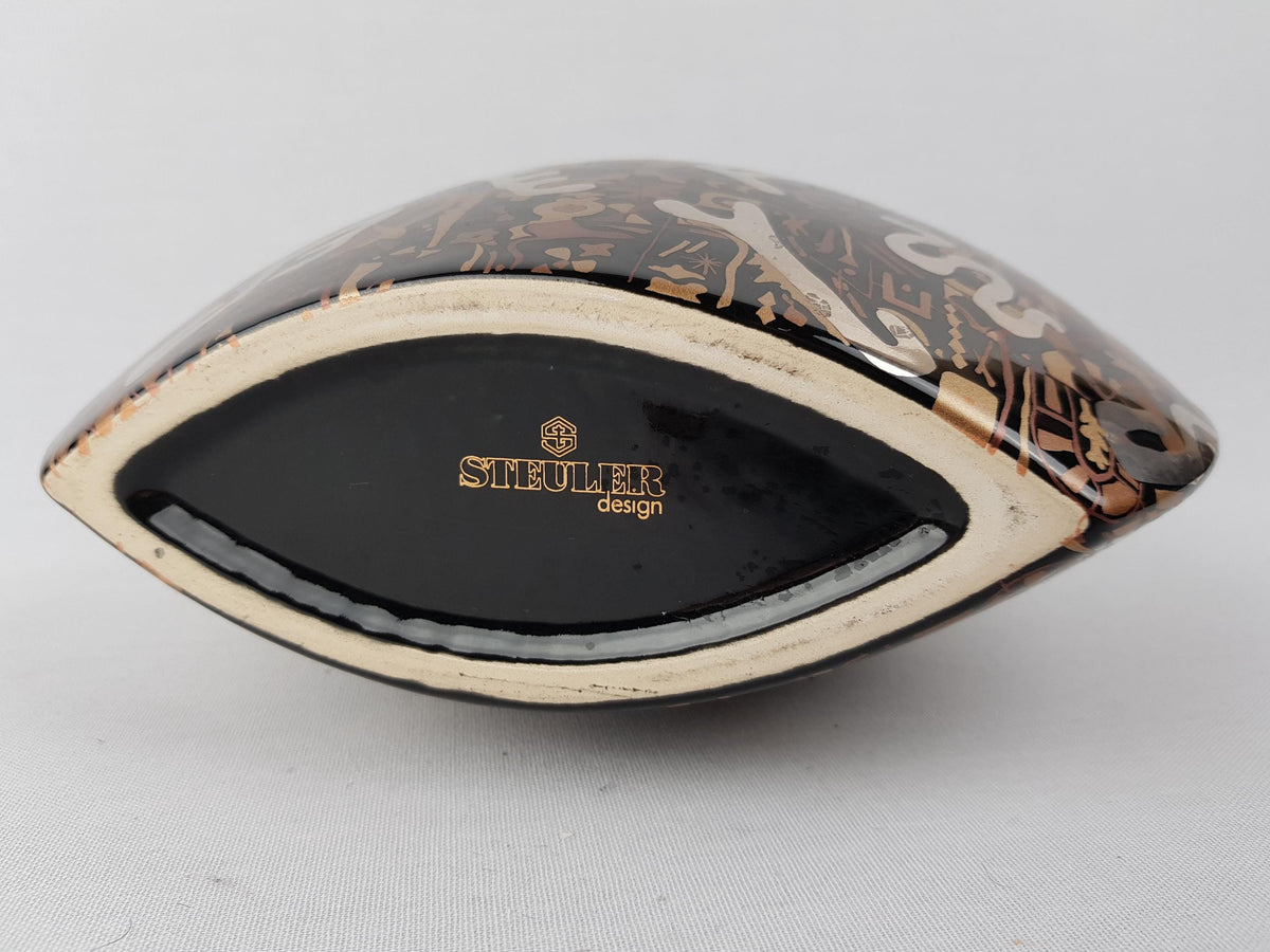 Vintage STEULER DESIGN Ceramic Black and Gold/ Silver Fish Mouth Vase West German Pottery 1980s