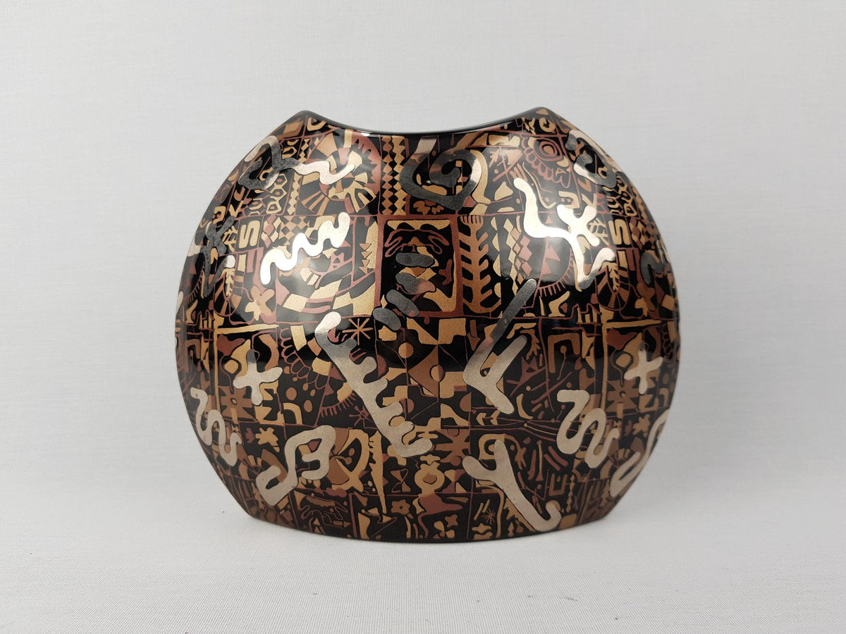 Vintage STEULER DESIGN Ceramic Black and Gold/ Silver Fish Mouth Vase West German Pottery 1980s