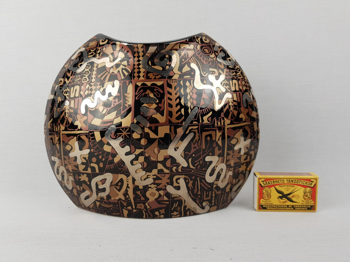 Vintage STEULER DESIGN Ceramic Black and Gold/ Silver Fish Mouth Vase West German Pottery 1980s
