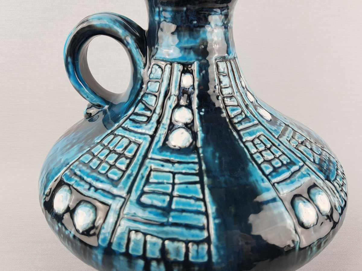 Large Vintage UBELACKER (Ü-KERAMIK) Handled Blue and White Vase 1580/31 West German Pottery 1960s 1970s