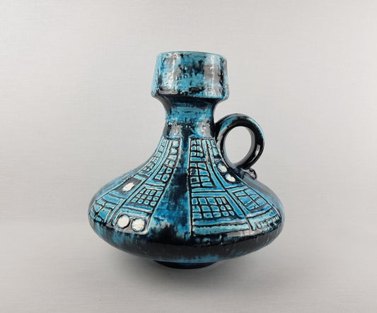 Large Vintage UBELACKER (Ü-KERAMIK) Handled Blue and White Vase 1580/31 West German Pottery 1960s 1970s