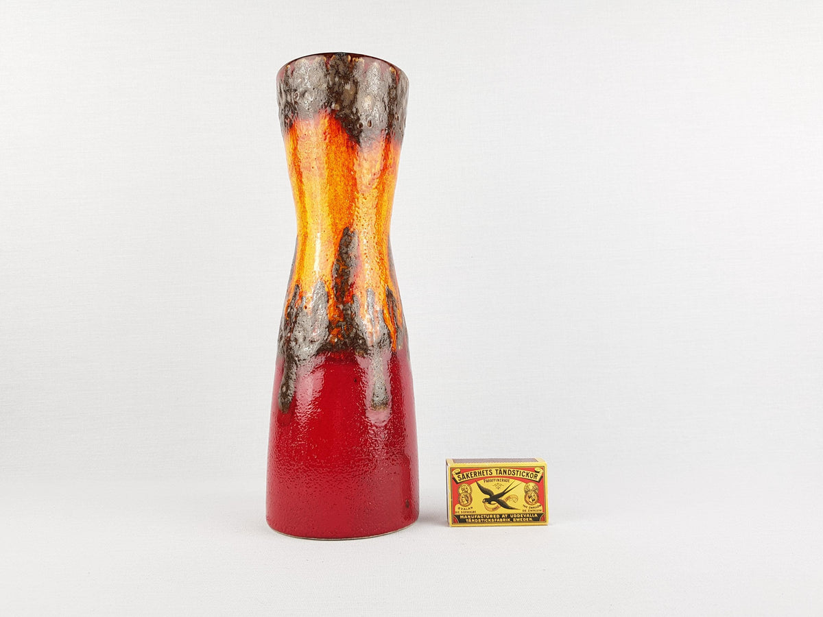 Vintage SCHEURICH KERAMIK Red, Orange and Brown Diabolo Vase 520-28 West German Pottery Fat Lava Era 1970s