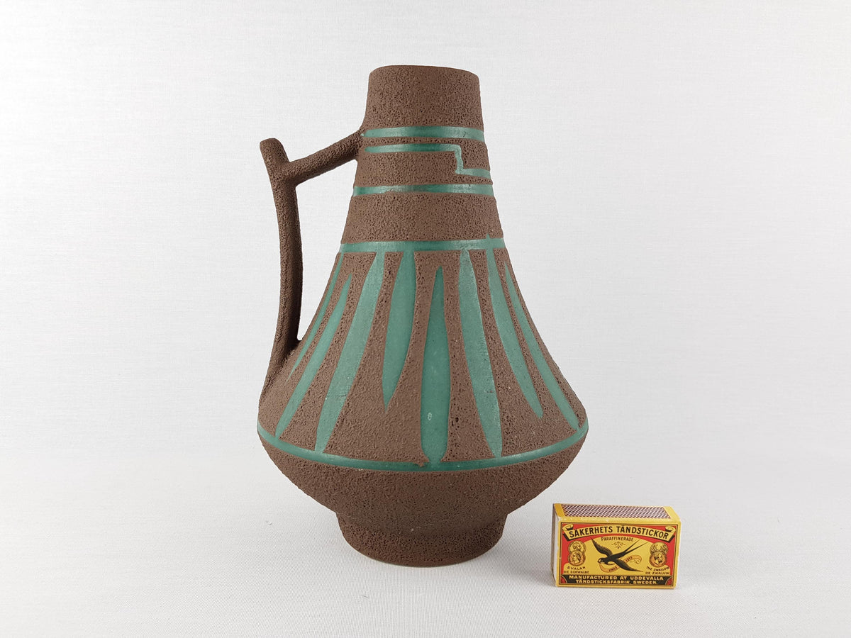 Vintage STEIN KERAMIK Green and Brown Handled Vase 44 25 West German Pottery 1970s
