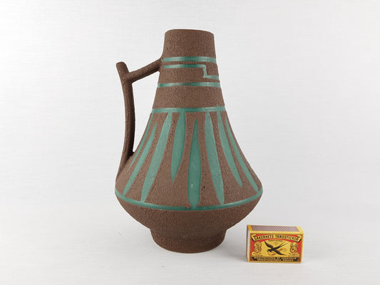 Vintage STEIN KERAMIK Green and Brown Handled Vase 44 25 West German Pottery 1970s