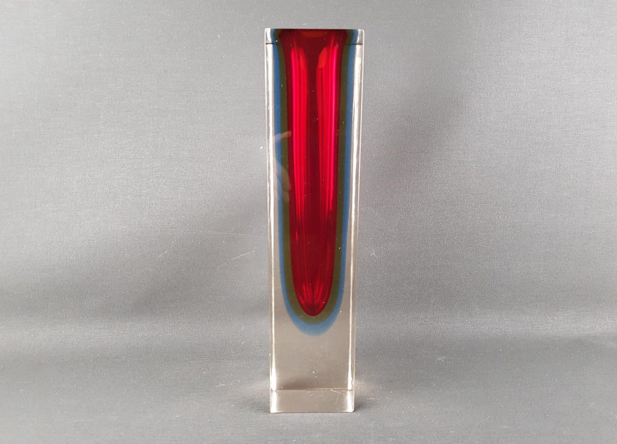 Tall Vintage MURANO SOMMERSO GLASS Red and Yellow Prism Vase by Flavio Poli for Alessandro Mandruzzatto Italian Art Glass 1960-70s