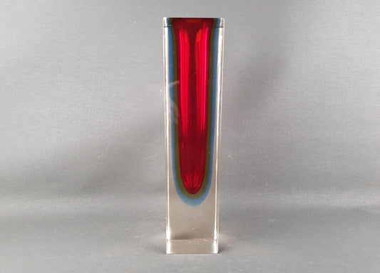 Tall Vintage MURANO SOMMERSO GLASS Red and Yellow Prism Vase by Flavio Poli for Alessandro Mandruzzatto Italian Art Glass 1960-70s