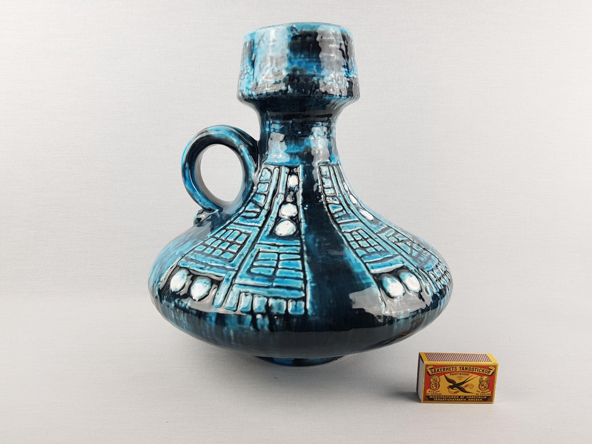 Large Vintage UBELACKER (Ü-KERAMIK) Handled Blue and White Vase 1580/31 West German Pottery 1960s 1970s