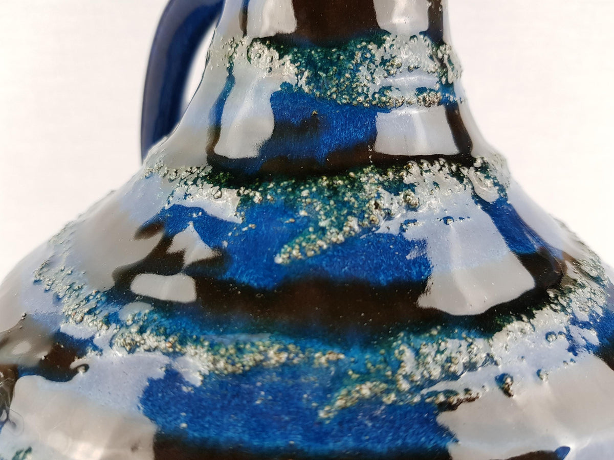Vintage CARSTENS TONNIESHOF Blue Handled Vase With Fat Lava Decor 200 By Gerda Heuckeroth West German Pottery 1960s