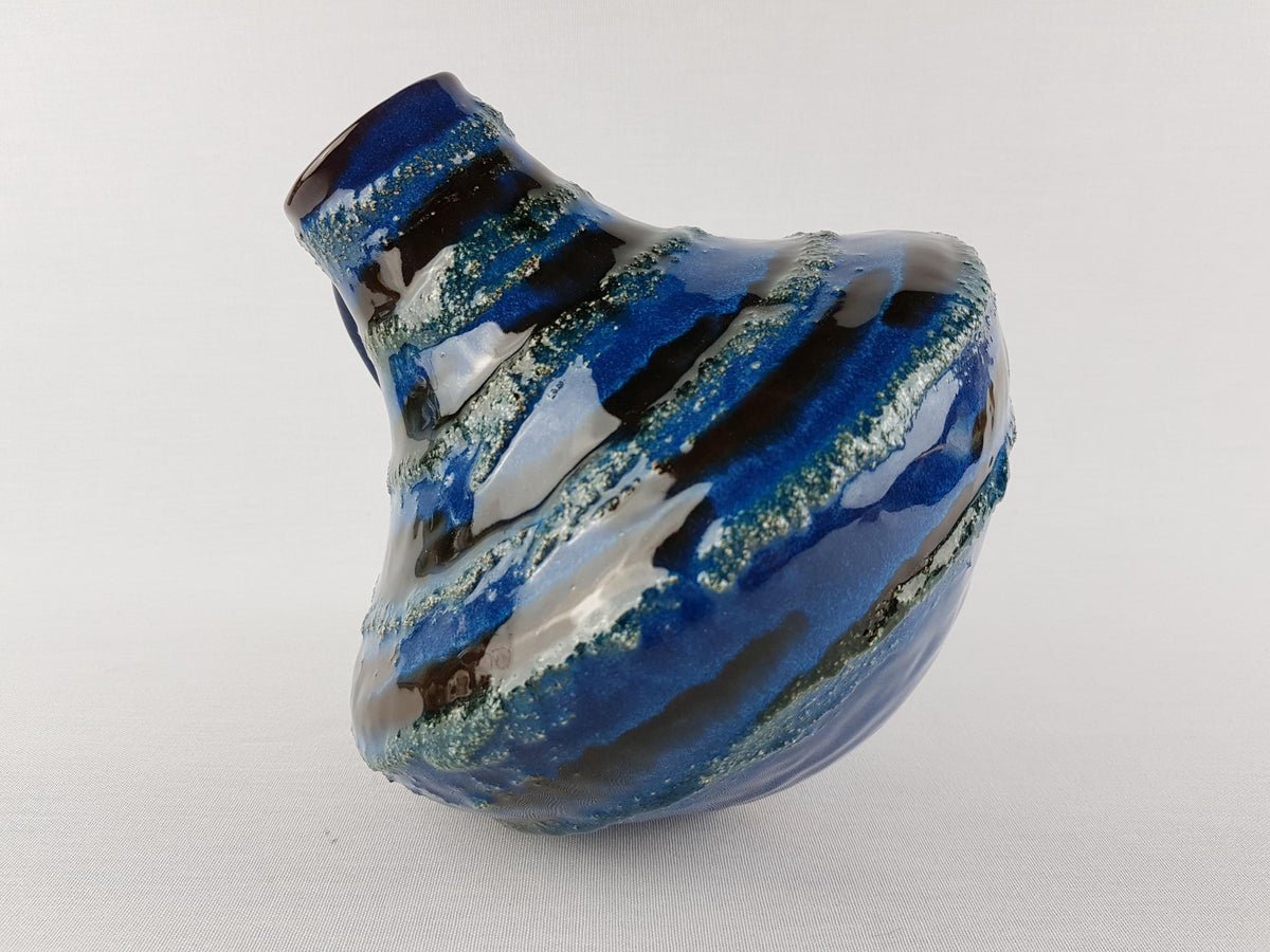 Vintage CARSTENS TONNIESHOF Blue Handled Vase With Fat Lava Decor 200 By Gerda Heuckeroth West German Pottery 1960s