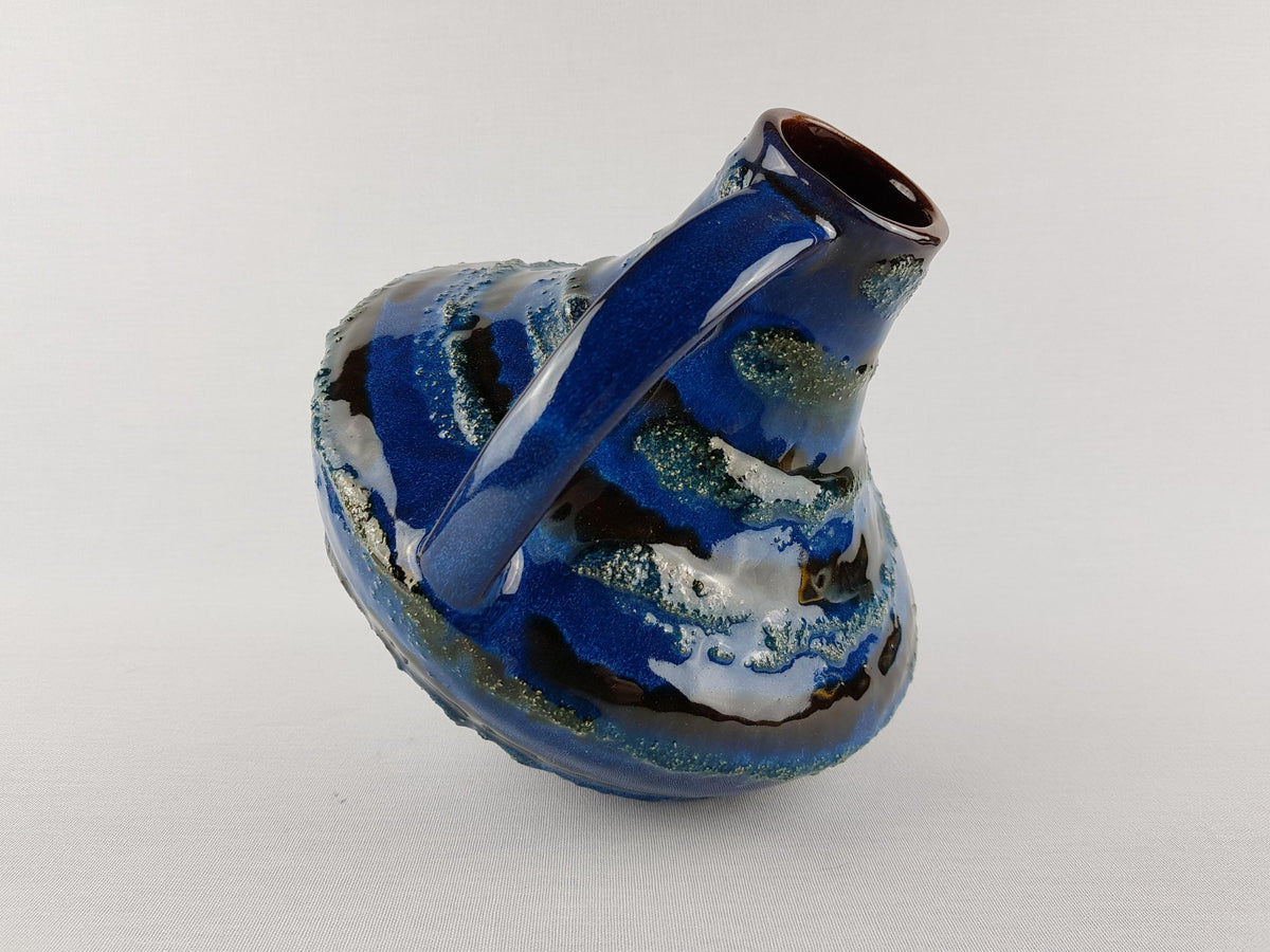 Vintage CARSTENS TONNIESHOF Blue Handled Vase With Fat Lava Decor 200 By Gerda Heuckeroth West German Pottery 1960s