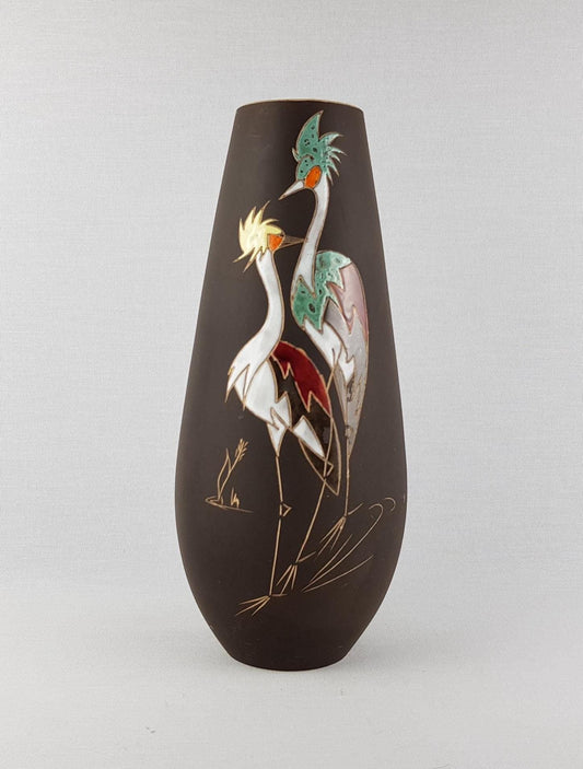 Vintage Studio Art Pottery Vase with Birds Decor 5639 by ARNO KIECHLE 1950s