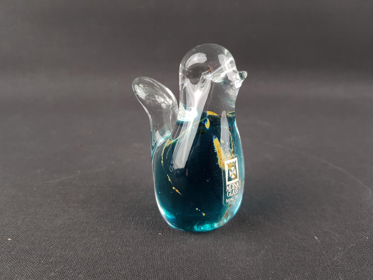 Vintage MDINA Blue and Yellow Glass Bird 1003 from Malta 1970s