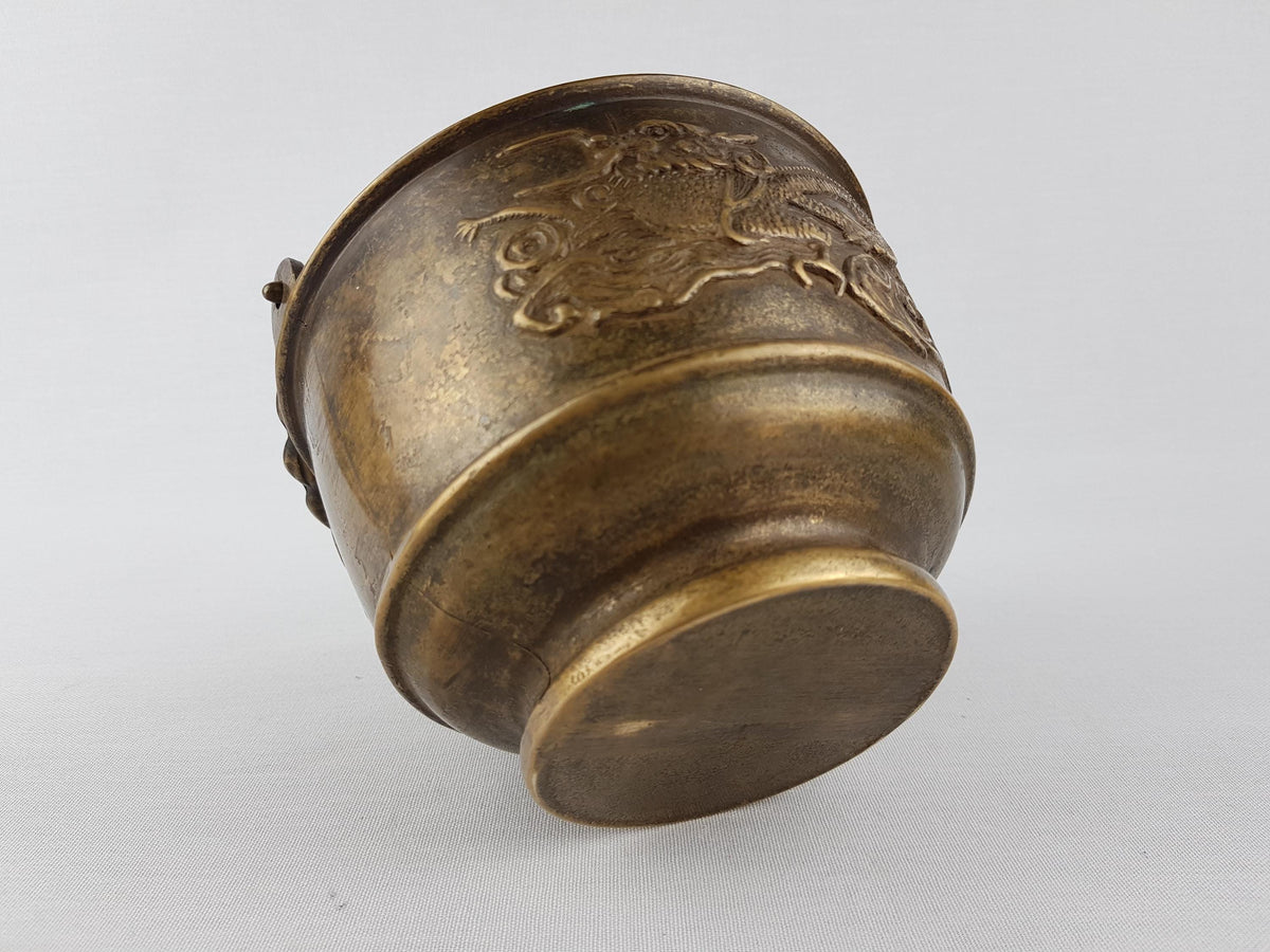 Vintage Chinese Style Brass Dragon Bowl with Handle Late Qing Dynasty Style- 820g
