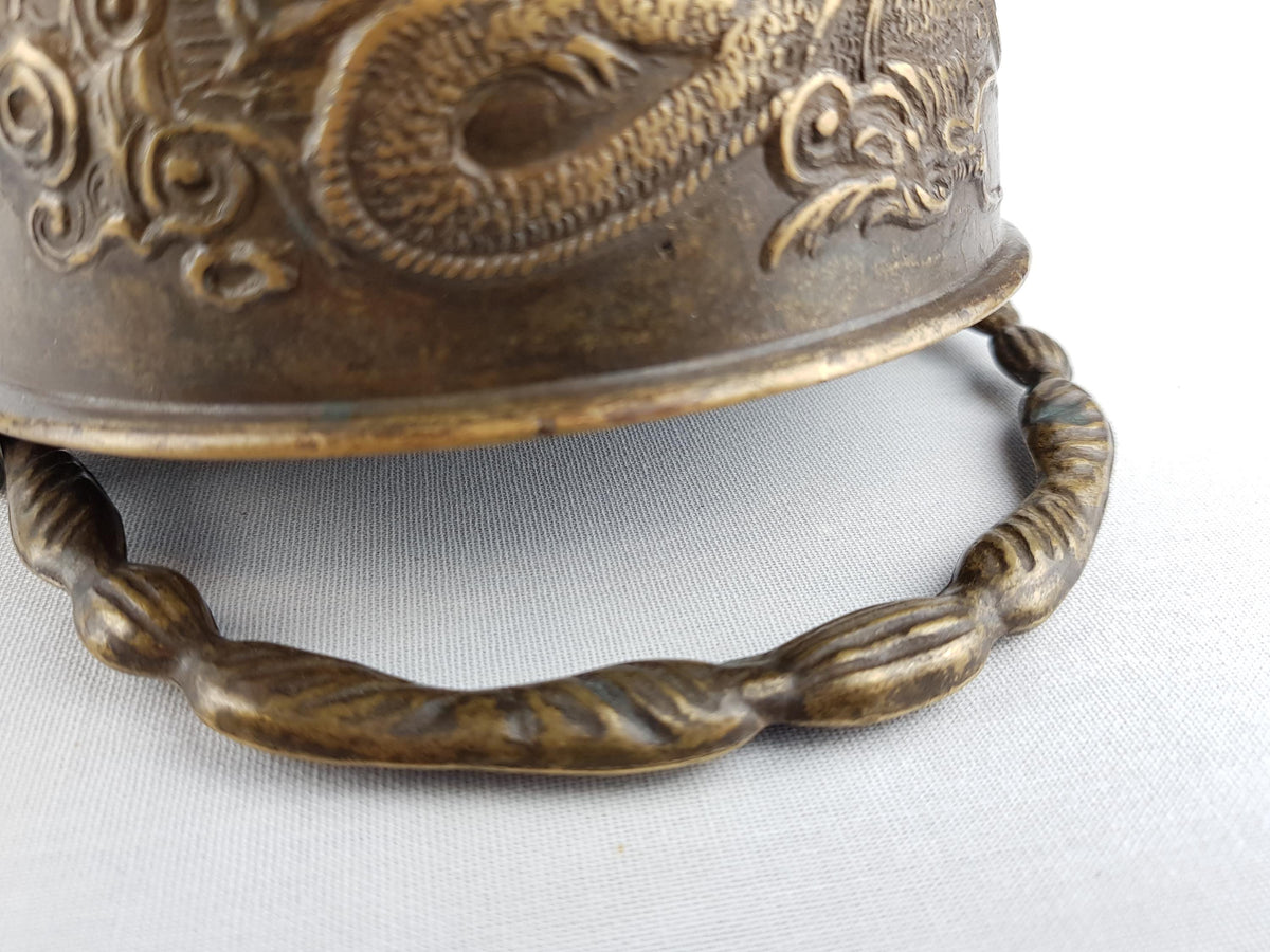 Vintage Chinese Style Brass Dragon Bowl with Handle Late Qing Dynasty Style- 820g