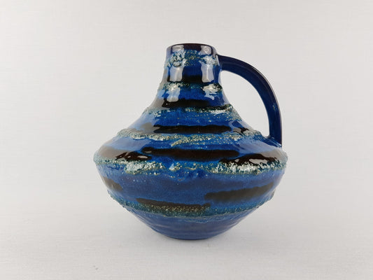 Vintage CARSTENS TONNIESHOF Blue Handled Vase With Fat Lava Decor 200 By Gerda Heuckeroth West German Pottery 1960s