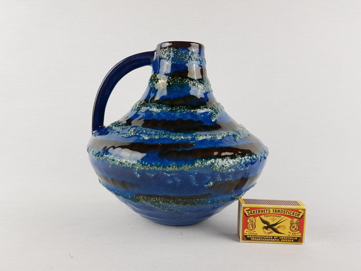 Vintage CARSTENS TONNIESHOF Blue Handled Vase With Fat Lava Decor 200 By Gerda Heuckeroth West German Pottery 1960s