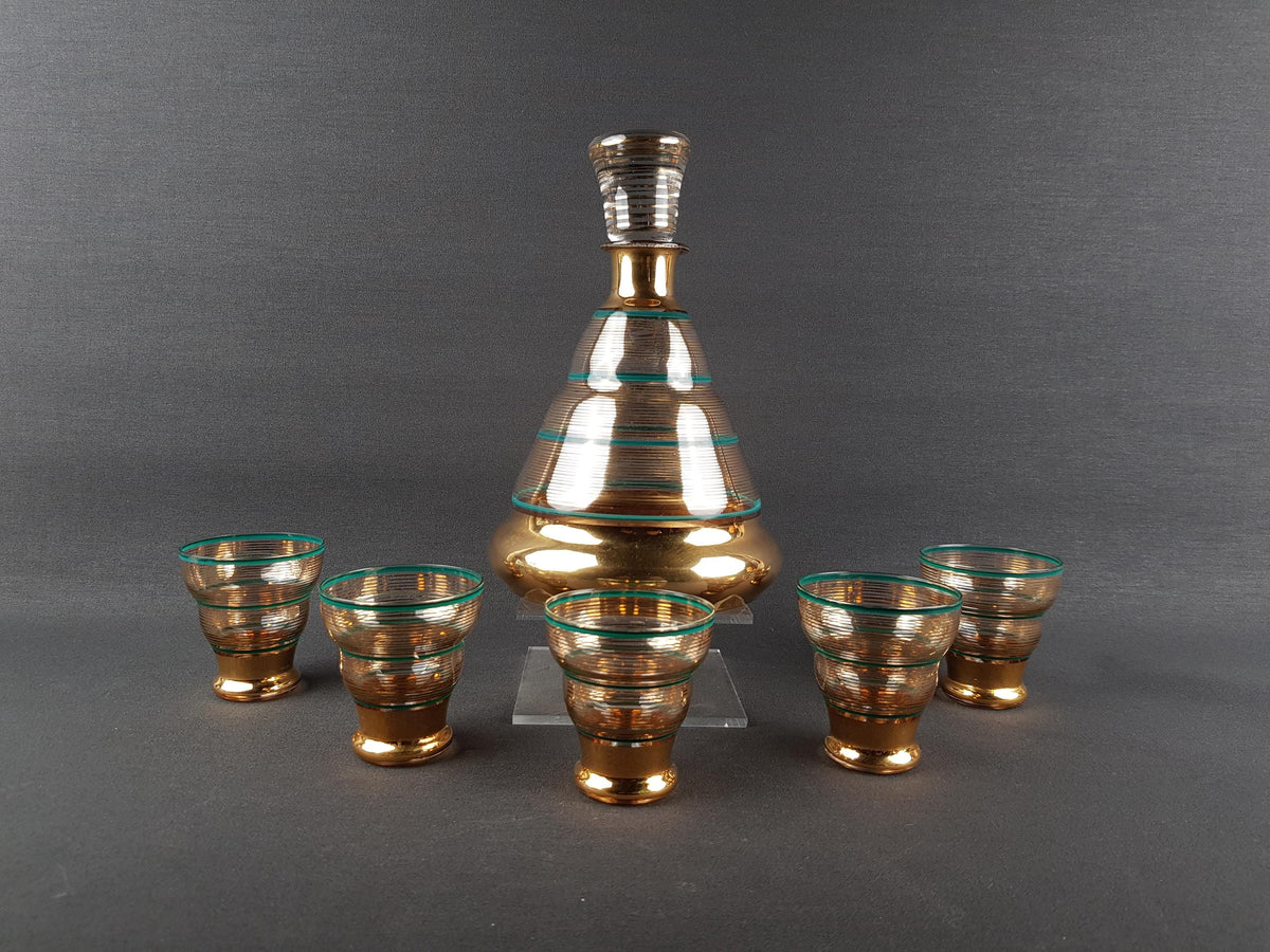 Vintage Czech BORSKE Sklo Union Gold and Turquoise Decanther Set, Bohemian 1950s 1960s