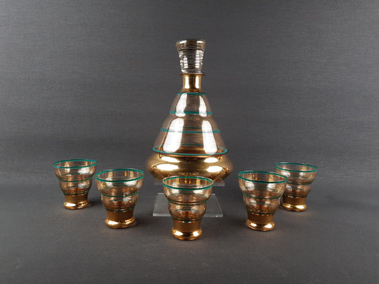 Vintage Czech BORSKE Sklo Union Gold and Turquoise Decanther Set, Bohemian 1950s 1960s