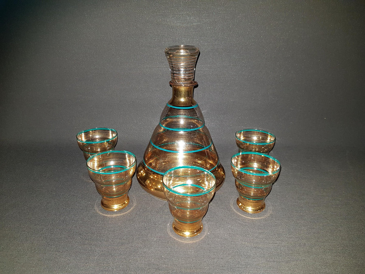 Vintage Czech BORSKE Sklo Union Gold and Turquoise Decanther Set, Bohemian 1950s 1960s
