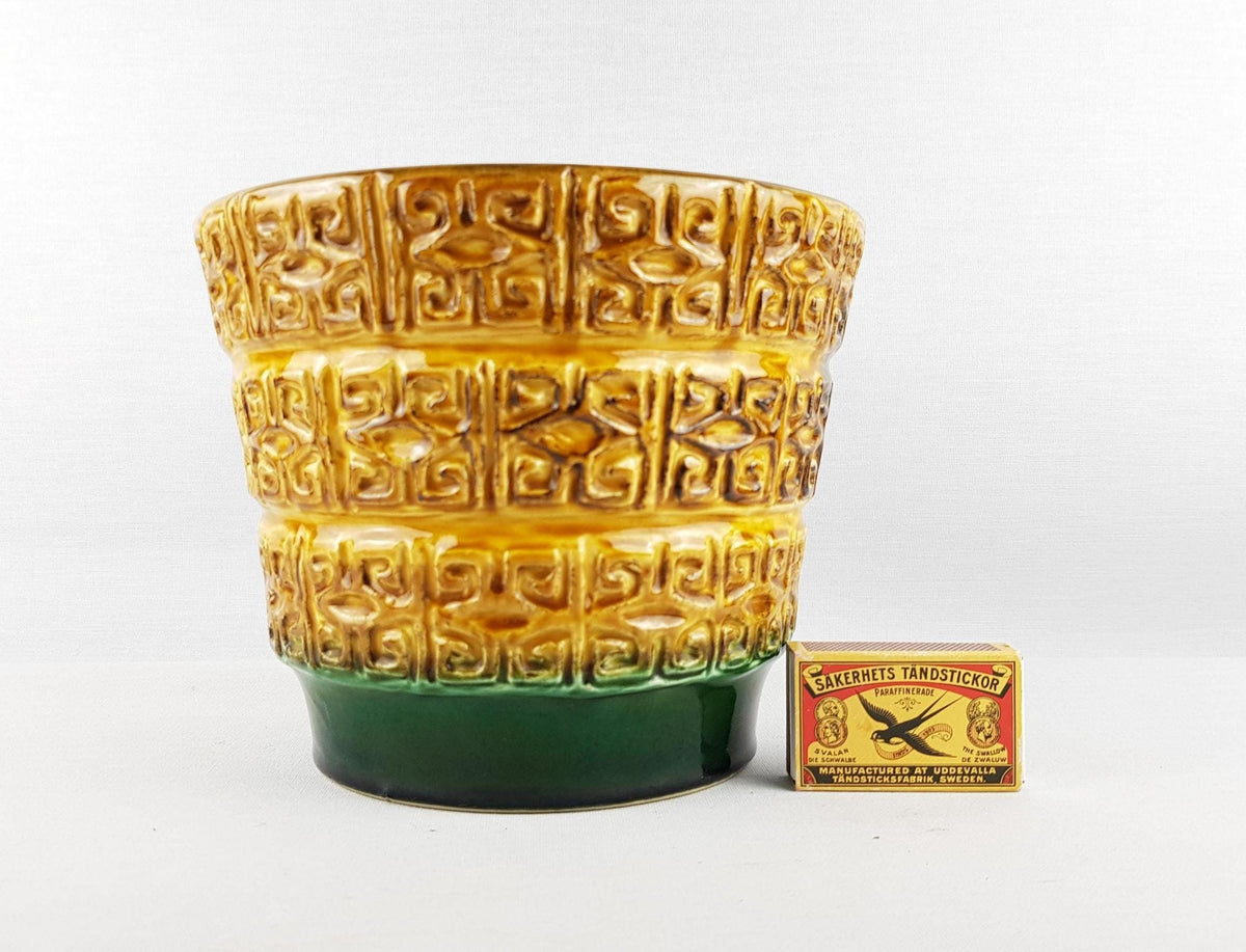 Vintage UBELACKER (Ü-KERAMIK) Yellow and Green Planter Flower Pot 183-17 West German Pottery 1970s