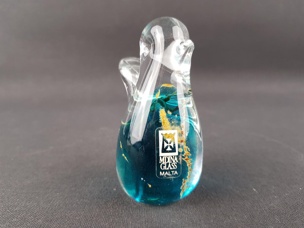 Vintage MDINA Blue and Yellow Glass Bird 1003 from Malta 1970s