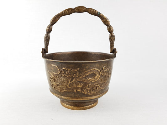Vintage Chinese Style Brass Dragon Bowl with Handle Late Qing Dynasty Style- 820g