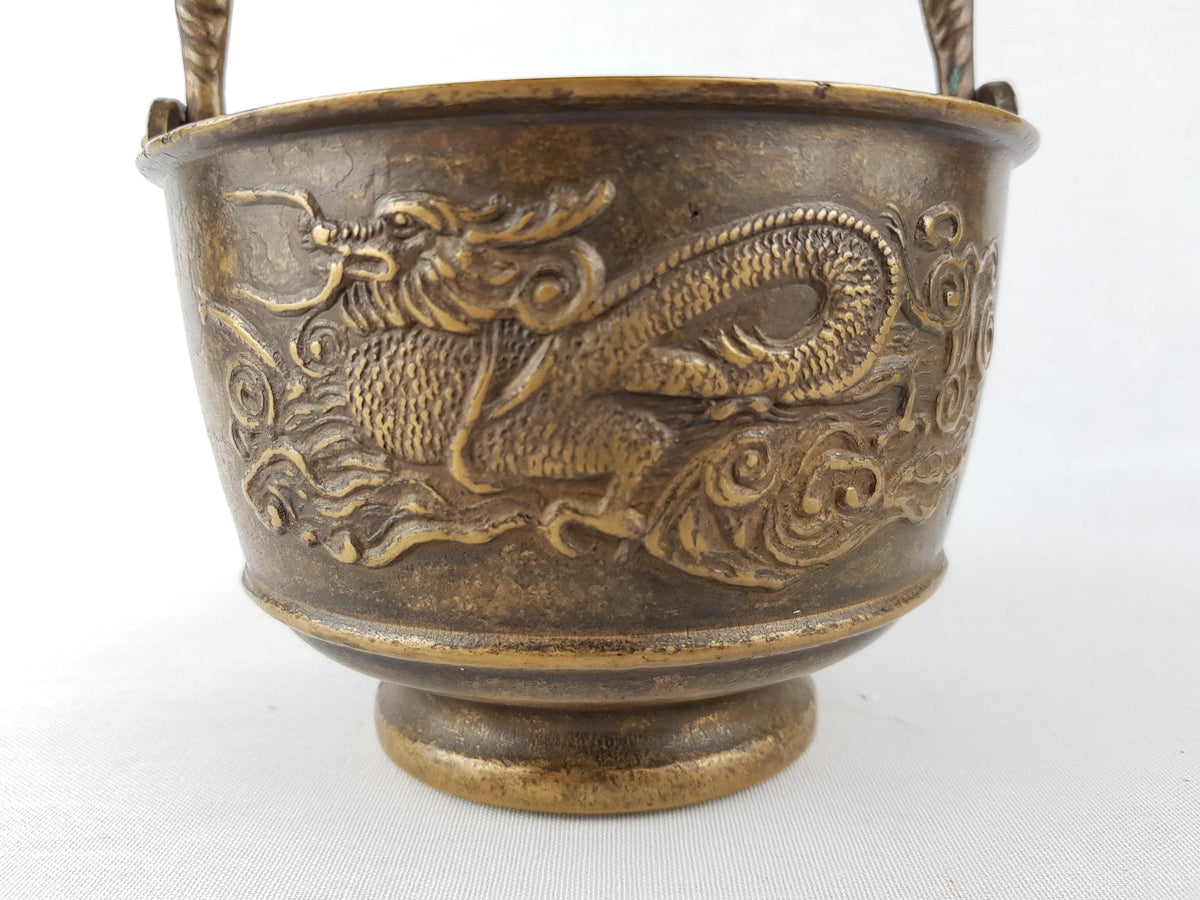 Vintage Chinese Style Brass Dragon Bowl with Handle Late Qing Dynasty Style- 820g