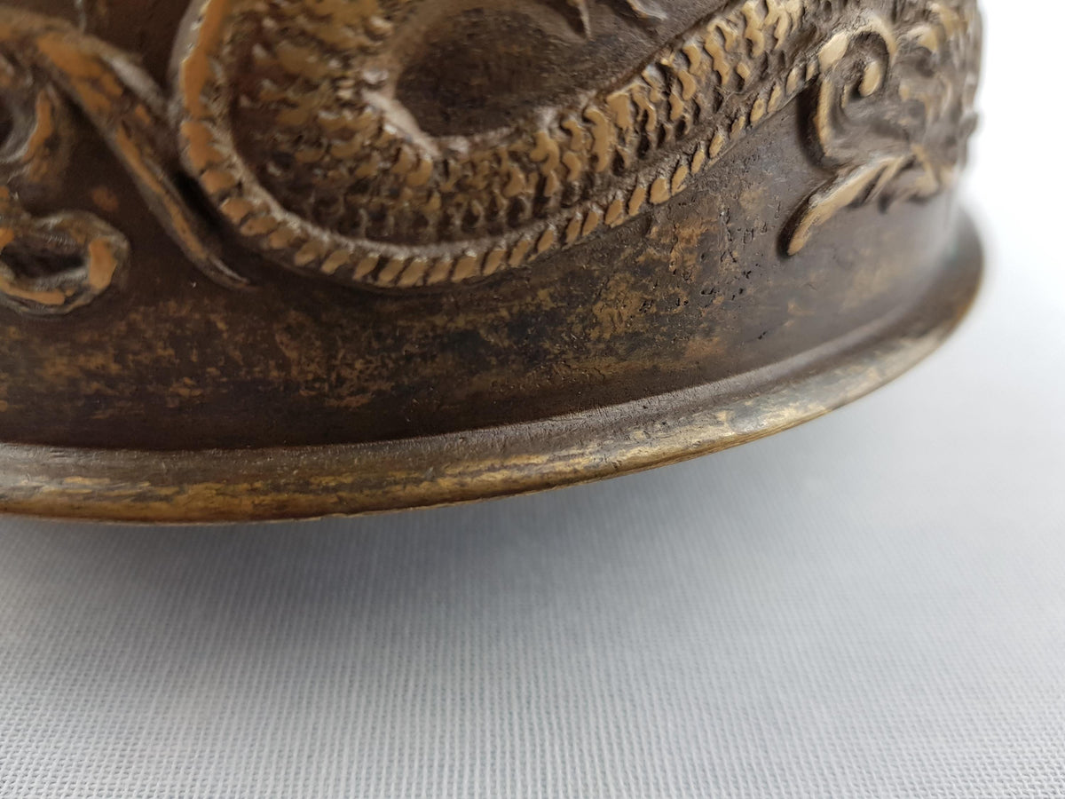 Vintage Chinese Style Brass Dragon Bowl with Handle Late Qing Dynasty Style- 820g